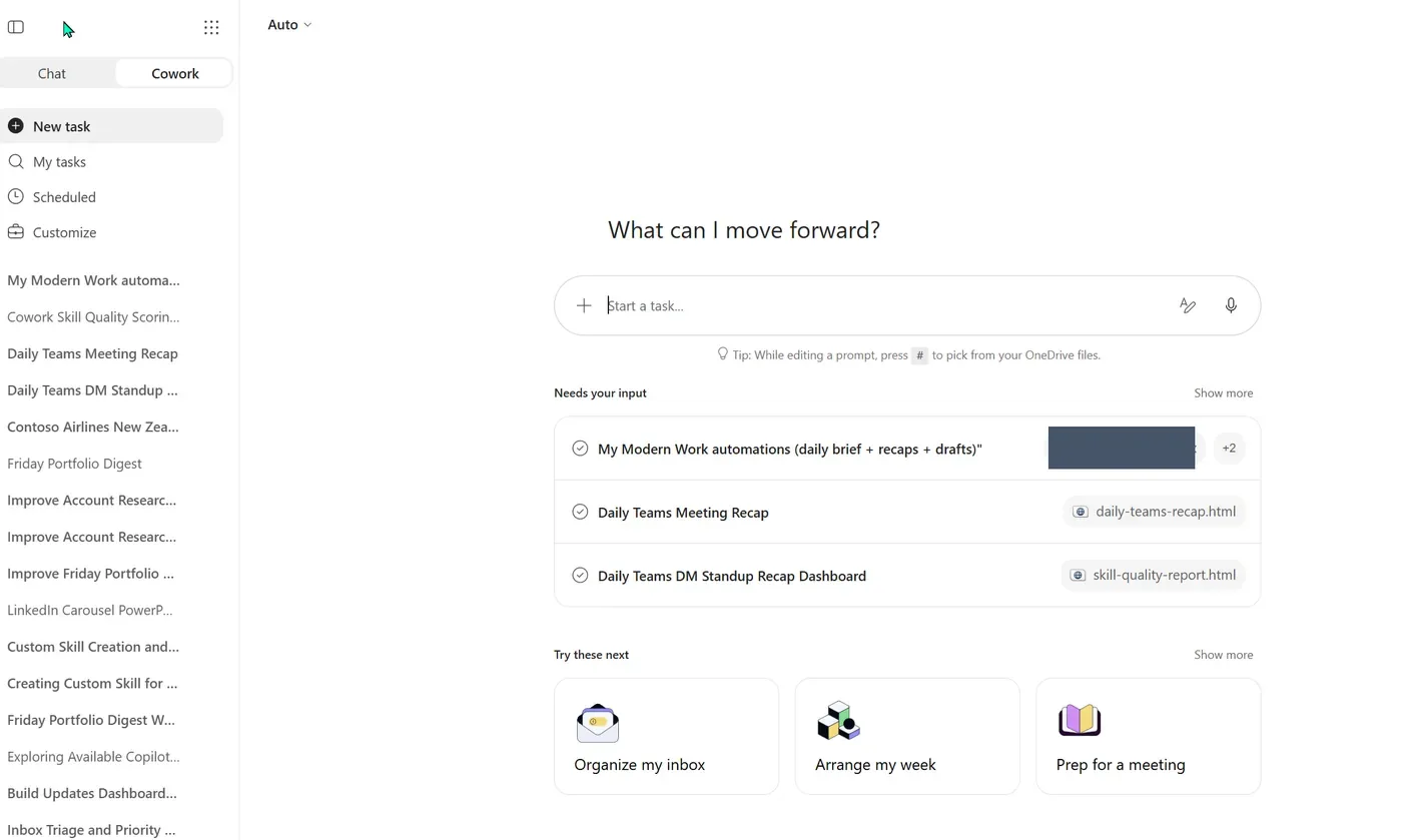 The Microsoft 365 Copilot Cowork home screen — the Chat and Cowork tabs, a 'What can I move forward?' task box, and a list of tasks and suggestions