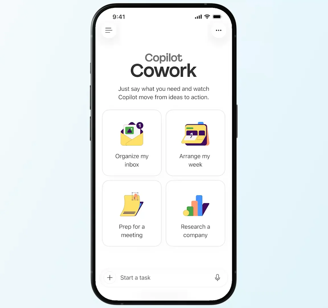 Copilot Cowork running in the Microsoft 365 mobile app — a phone screen titled Copilot Cowork with the line 'Just say what you need and watch Copilot move from ideas to action', four quick-start tiles (Organize my inbox, Arrange my week, Prep for a meeting, Research a company), and a 'Start a task' box at the bottom.