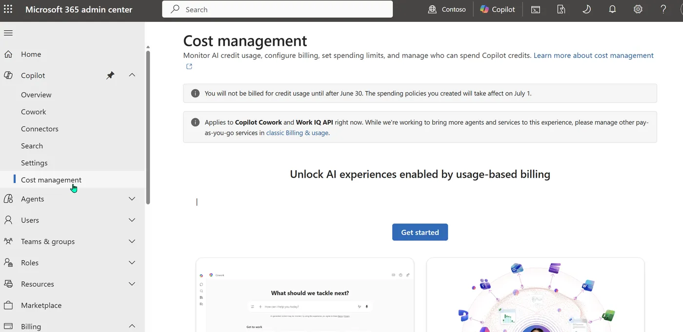 Cost management dashboard in the Microsoft 365 admin center showing a banner that billing does not start until after June 30, a note that it applies to Copilot Cowork and Work IQ API, and a Get started button.