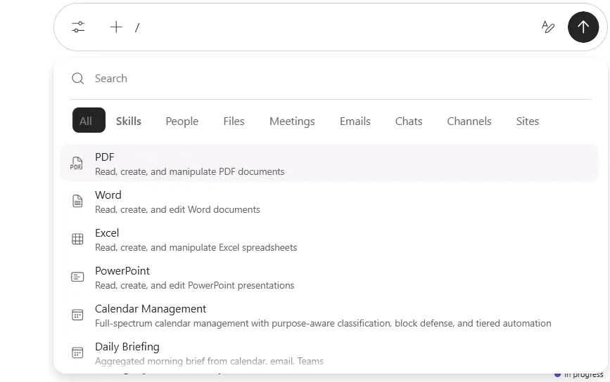 The Cowork task box with the inline picker open after typing a slash — a Search field and tabs (All, Skills, People, Files, Meetings, Emails, Chats, Channels, Sites), listing built-in skills PDF, Word, Excel, PowerPoint, Calendar Management, and Daily Briefing, each with a one-line description.
