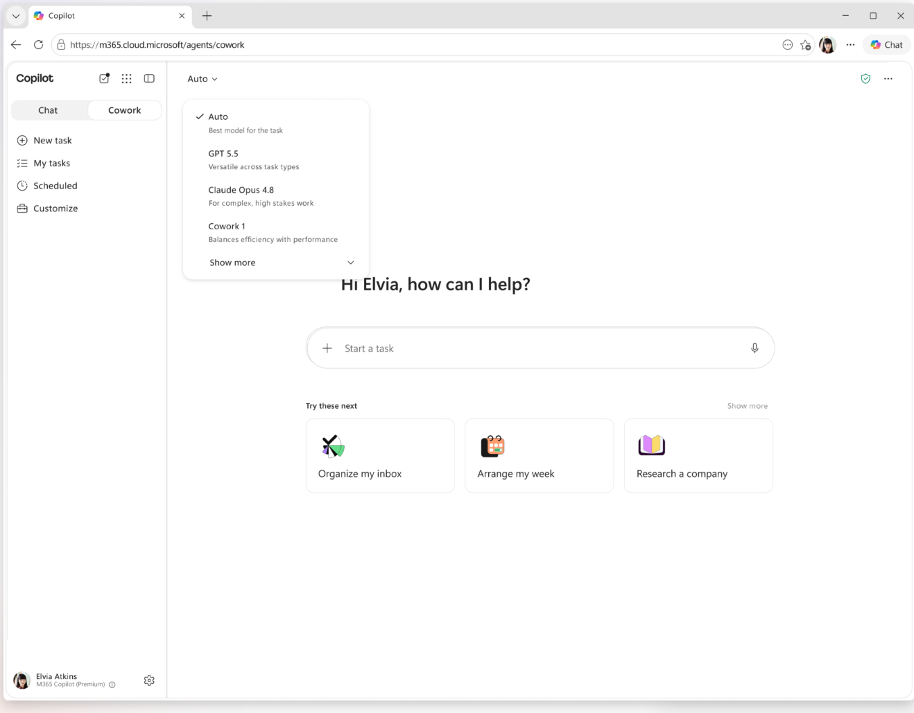 The Microsoft Copilot Cowork dashboard at general availability — a Chat and Cowork toggle, the open model picker showing Auto, GPT 5.5, Claude Opus 4.8, and Cowork 1, a Start a task box, and suggested tasks like Organize my inbox and Arrange my week