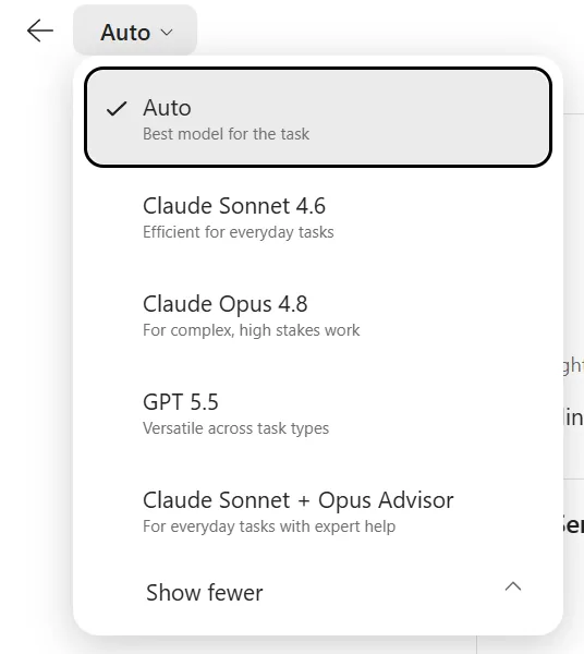 Cowork model picker dropdown menu showing five options — Auto (recommended), Claude Sonnet 4.6, Claude Opus 4.8, GPT 5.5, and Sonnet + Opus Advisor. The Auto option is selected and highlighted, showing the description 'Automatically chooses the best model for your task'.