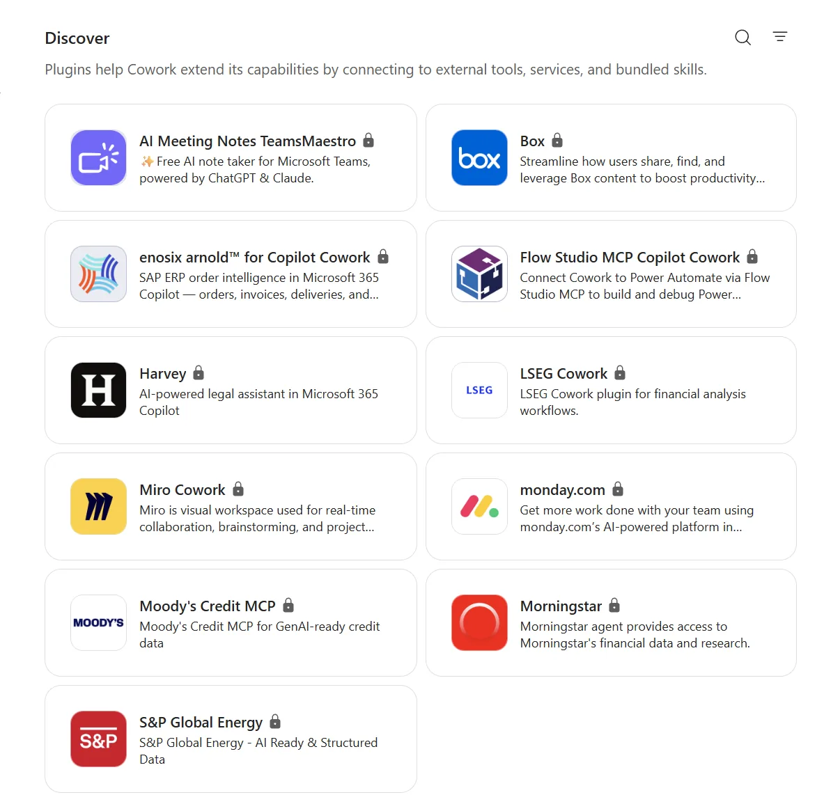 Cowork Discover gallery showing 11 partner plugins available at GA — AI Meeting Notes TeamsMaestro, Box, enosix arnold for Copilot Cowork, Flow Studio MCP Copilot Cowork, Harvey (legal AI assistant), LSEG Cowork, Miro Cowork, monday.com, Moody's Credit MCP, Morningstar, and S&P Global Energy. Each plugin card shows a logo, name, lock icon, and brief description. The page header reads 'Plugins help Cowork extend its capabilities by connecting to external tools, services, and bundled skills.'