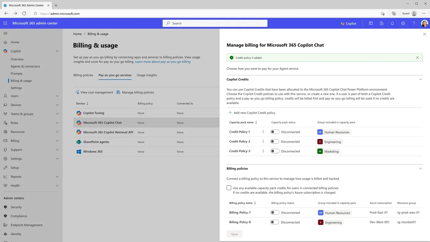 The Microsoft 365 admin center Billing and usage page, managing pay-as-you-go billing and Copilot Credits / capacity-pack policies for Microsoft 365 Copilot Chat
