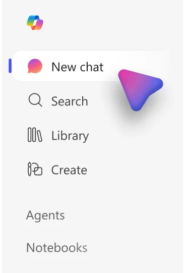 The Microsoft 365 Copilot app left navigation showing New chat, Search, Library, Create, Agents and Notebooks — the app features IT admins can show or hide