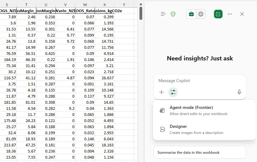 Copilot in Excel desktop with an Agent mode option to allow direct edits to the workbook, alongside a data table