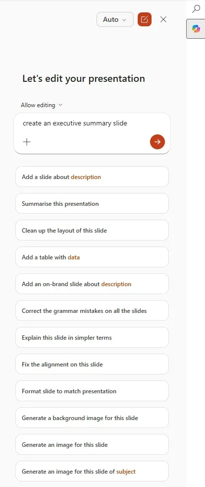 Copilot in PowerPoint with 'Let's edit your presentation' and a prompt to create an executive summary slide, plus suggested edits