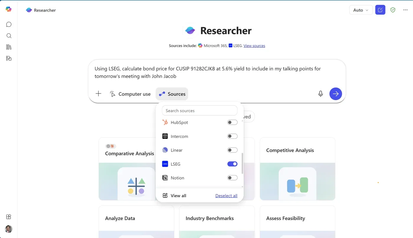 The Researcher agent in Microsoft 365 Copilot using connected work sources, including LSEG, to answer a detailed financial question
