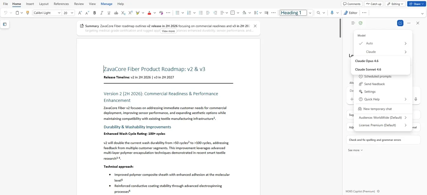 The Copilot model picker in Word showing Anthropic Claude options (Claude Opus 4.6 and Claude Sonnet 4.6) alongside a grounded document