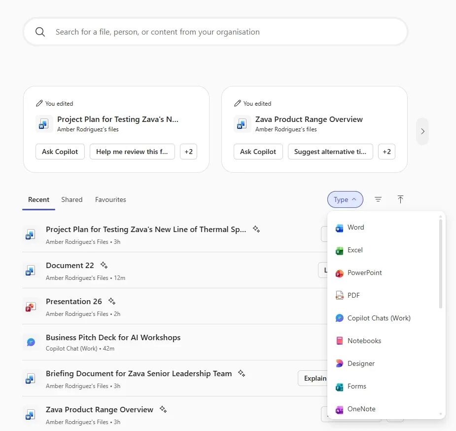 Copilot enterprise search across your organisation with a Type filter (Word, Excel, PowerPoint, PDF, Copilot Chats, Notebooks) and recent files
