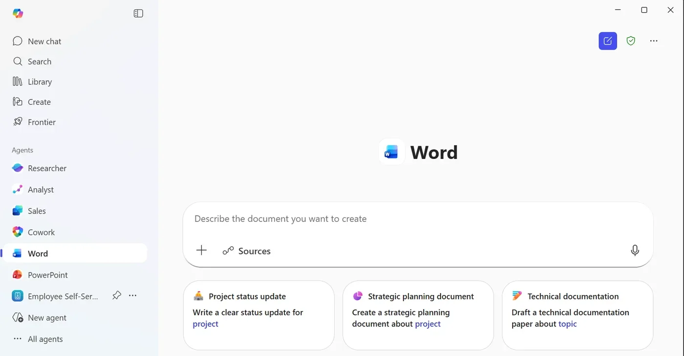 The Microsoft 365 Copilot app (licensed) — the left sidebar shows Search, Library, Create, agents (Researcher, Analyst, Sales, Cowork) and the Word agent, with a box to describe the document to create