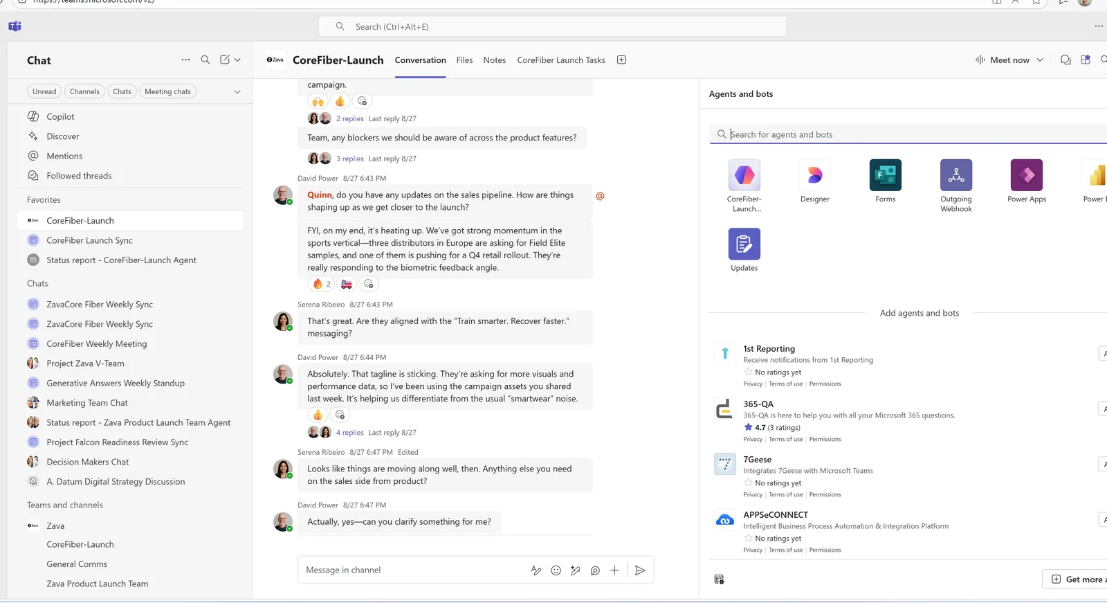 A Microsoft Teams channel called CoreFiber-Launch with the Agents and bots panel open on the right, showing a gallery of agents including the CoreFiber-Launch channel agent, Designer, Forms, Power Apps and Power BI, plus a list to add more agents and bots.