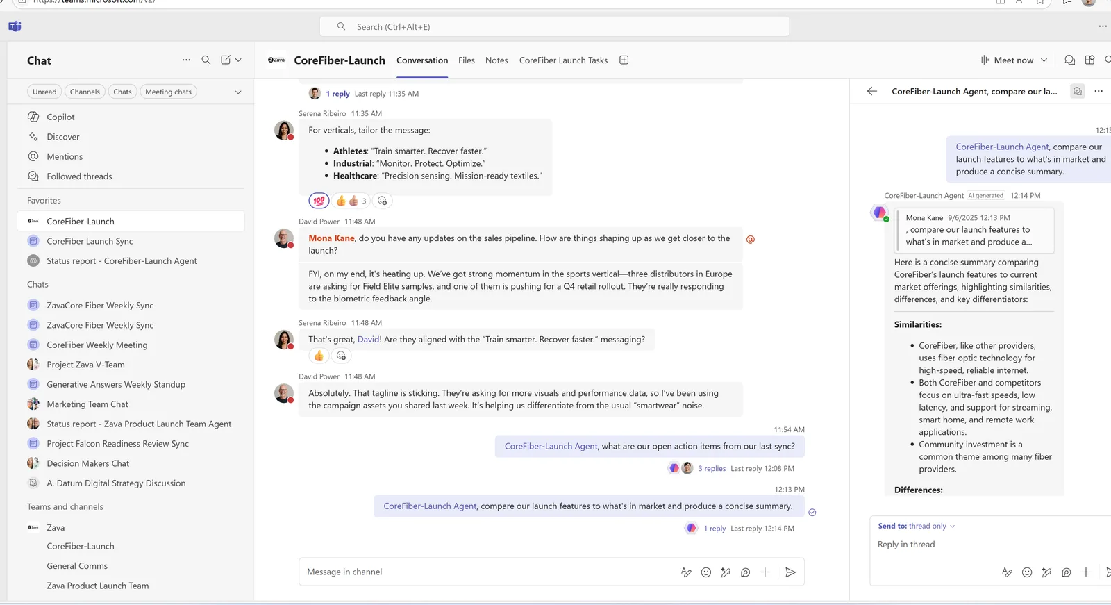 A Teams channel conversation where a user asks the CoreFiber-Launch Agent to compare their launch features to what is in market and produce a concise summary, and the agent replies in a side panel with an AI-generated summary listing Similarities and Differences.
