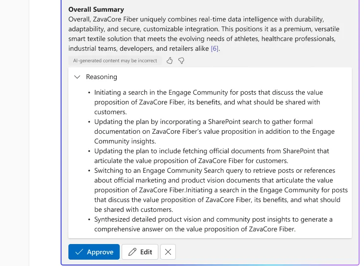 A Viva Engage Community agent's drafted answer with an expandable Reasoning section listing the steps it took — searching the community and pulling SharePoint documentation — and Approve, Edit and dismiss buttons for a human reviewer.