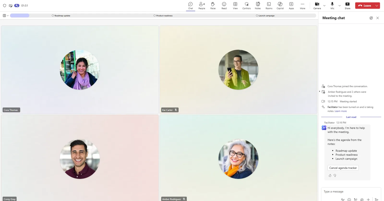 A Microsoft Teams meeting with four participant tiles and an agenda tracker across the top showing Roadmap update, Product readiness and Launch campaign. The meeting chat panel on the right shows a note that Facilitator has been turned on and is taking notes, followed by a Facilitator message introducing itself and listing the agenda from the meeting notes.