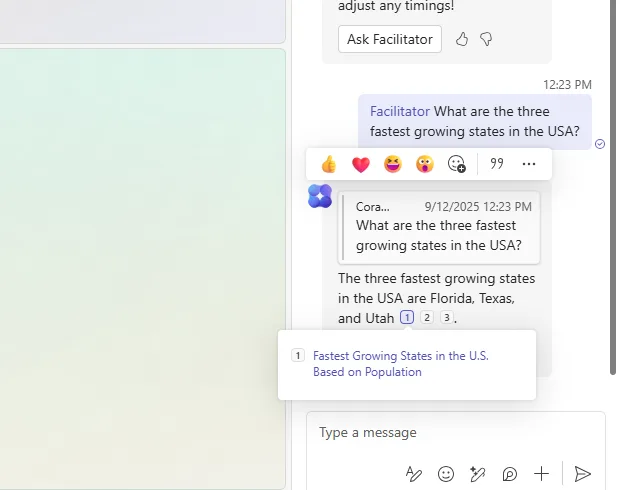 The Teams meeting chat. A participant asked Facilitator 'What are the three fastest growing states in the USA?' and Facilitator answered 'Florida, Texas, and Utah' with three numbered citations, one of which is expanded to show its source title.