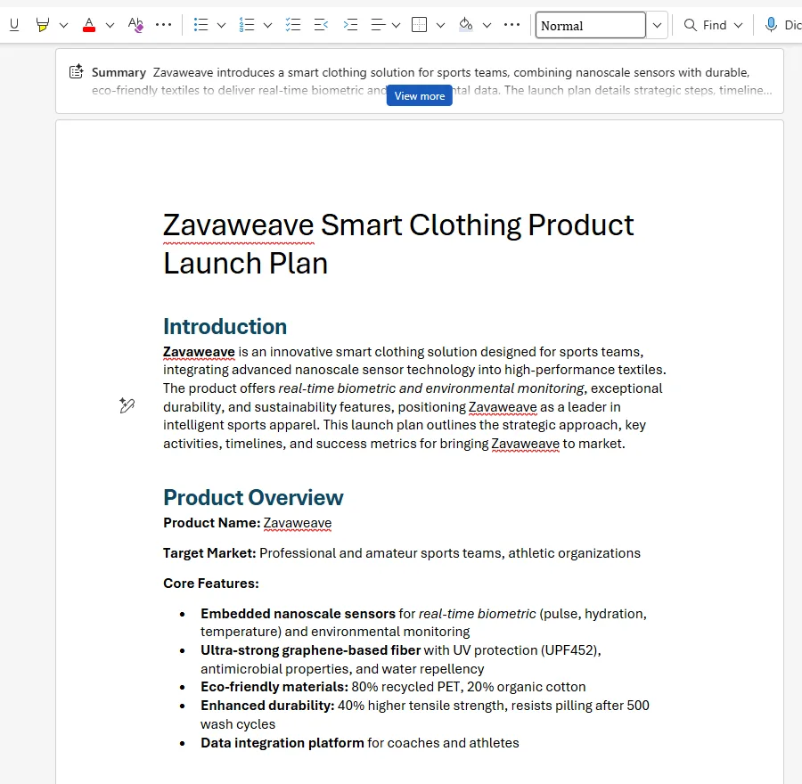 A Word document titled 'Zavaweave Smart Clothing Product Launch Plan' with an Introduction, a Product Overview section, and a Core Features list — the draft Facilitator generated from the meeting discussion, with an AI summary banner across the top.