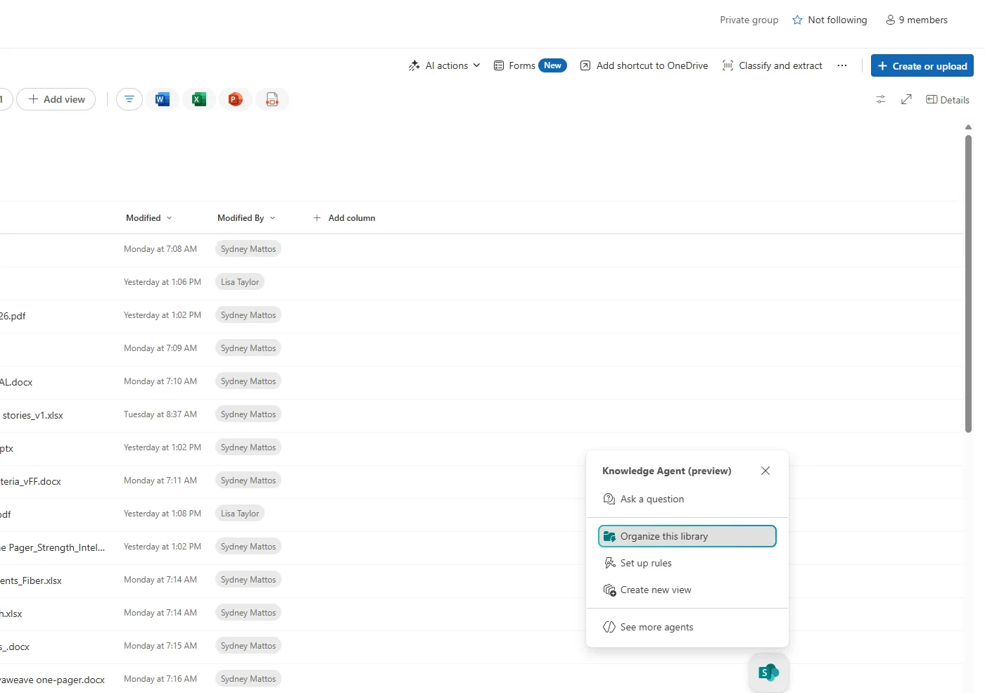A SharePoint document library with the Knowledge Agent (preview) menu open, offering options to Ask a question, Organize this library (highlighted), Set up rules, Create new view, and See more agents. The library toolbar shows AI actions, Forms, and Classify and extract.