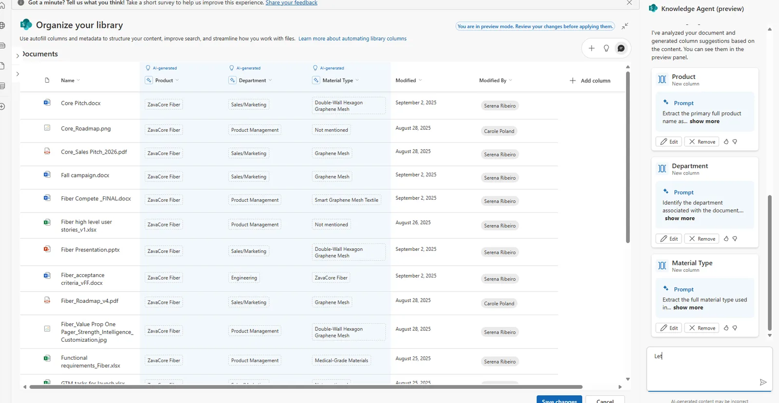 The SharePoint 'Organize your library' view in preview mode, showing a documents grid with three AI-generated columns — Product, Department and Material Type — populated with values like ZavaCore Fiber and Sales/Marketing. A Knowledge Agent panel on the right lists the suggested columns with their extraction prompts and Edit and Remove buttons.