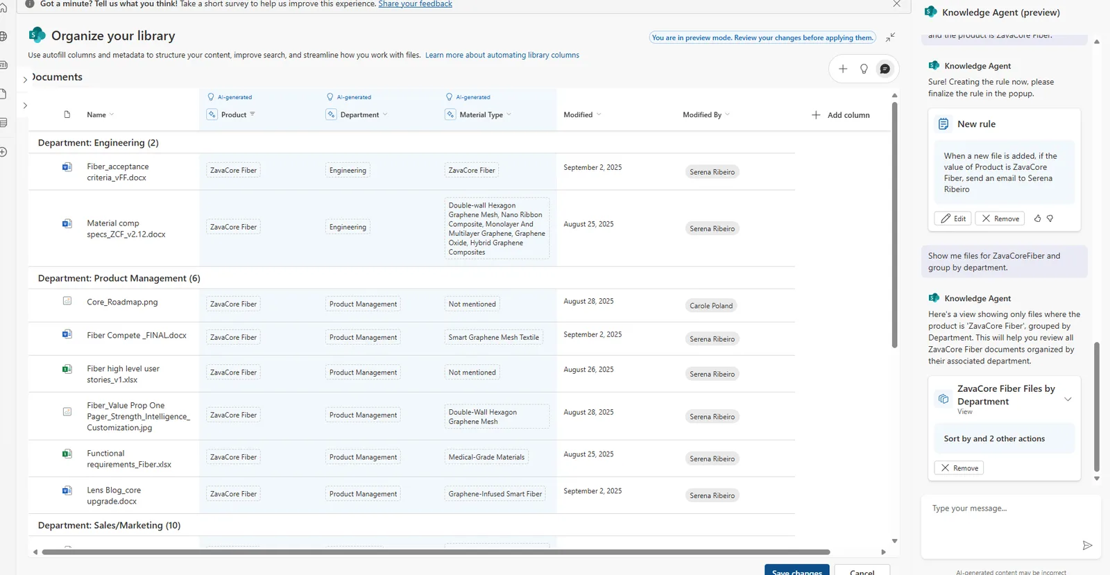 The SharePoint 'Organize your library' view with files grouped under Department headings — Engineering, Product Management, Sales/Marketing — each showing its file count. A Knowledge Agent chat panel on the right shows a request to show files grouped by department and the agent's response creating a 'ZavaCore Fiber Files by Department' view.