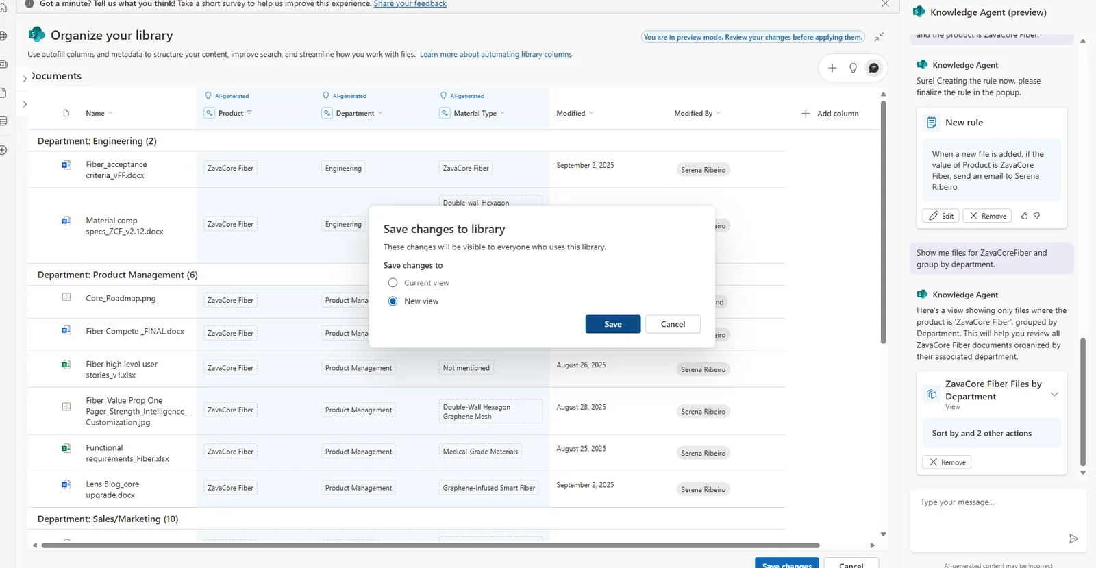 A 'Save changes to library' dialog in SharePoint explaining the changes will be visible to everyone who uses this library, with a choice to save to the Current view or a New view (selected), and Save and Cancel buttons.