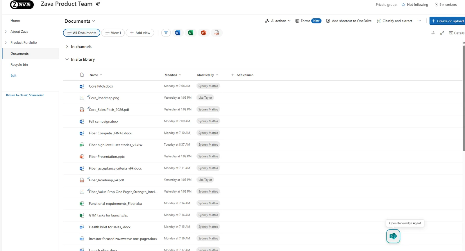A SharePoint document library for a Zava Product Team site showing an untagged list of files — Core Pitch.docx, Fall campaign.docx, Fiber Presentation.pptx and more — with only Name, Modified and Modified By columns, and an Open Knowledge Agent floating button in the bottom-right corner.