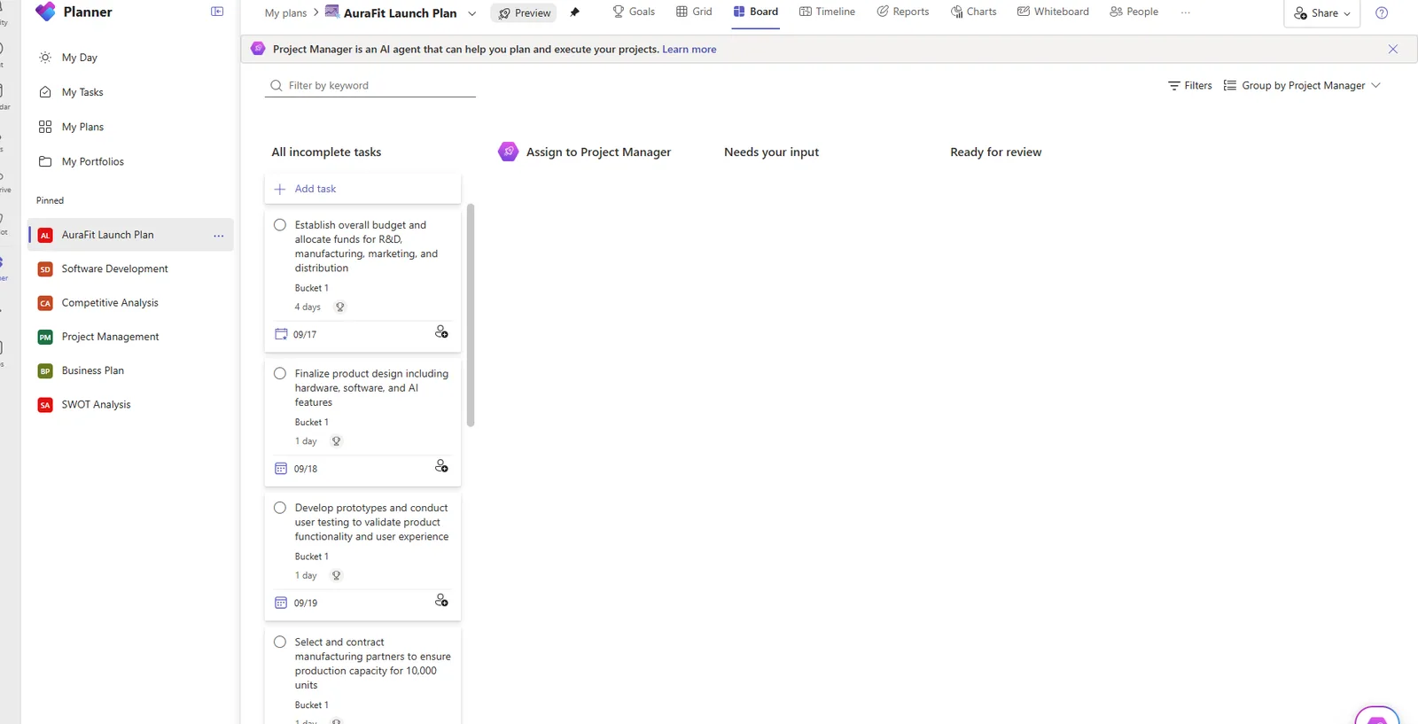 A Microsoft Planner plan called AuraFit Launch Plan in Board view, with a banner explaining that Project Manager is an AI agent that can help you plan and execute projects. The board has columns for All incomplete tasks, Assign to Project Manager, Needs your input, and Ready for review, with several task cards.