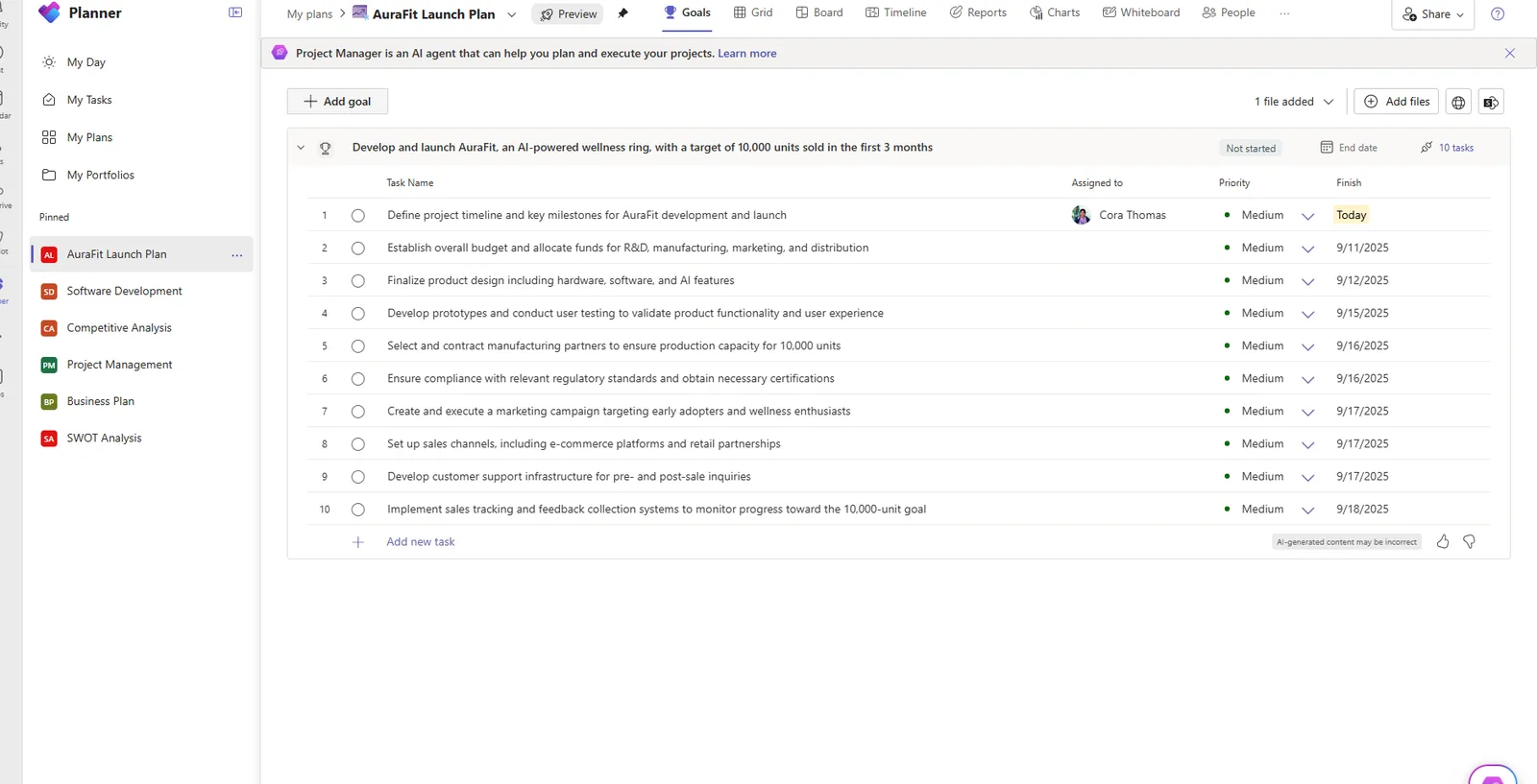 A Planner goal, 'Develop and launch AuraFit, an AI-powered wellness ring, with a target of 10,000 units sold in the first 3 months', expanded into a grid of ten tasks with columns for Task Name, Assigned to, Priority and Finish date, and an 'AI-generated content may be incorrect' note at the bottom.