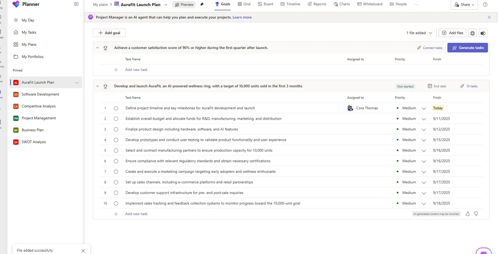 The Planner Goals view with two goals. The top goal, 'Achieve a customer satisfaction score of 90% or higher', shows Connect tasks and Generate tasks buttons. A second goal about launching AuraFit is expanded into a list of ten generated tasks.