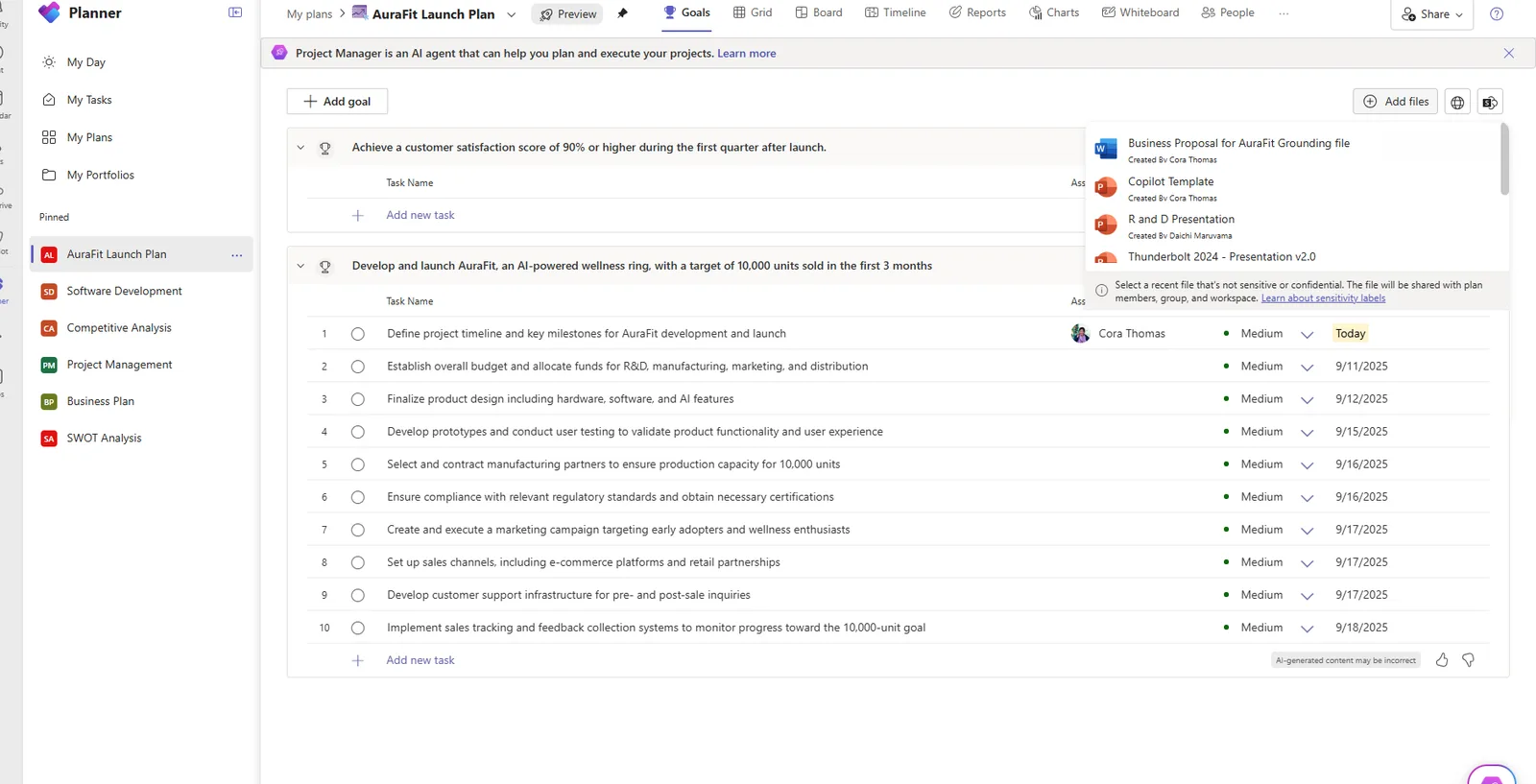 The Planner Goals view with a file picker open, listing recent files to add as context — a Business Proposal grounding document, a Copilot Template, an R and D Presentation — with a note advising to select a file that isn't sensitive or confidential because it will be shared with plan members.
