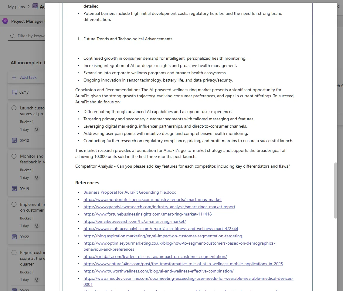 A document the Planner Agent generated, showing a Future Trends section and a Conclusion and Recommendations section, followed by a References list of source URLs and the grounding document the agent used.