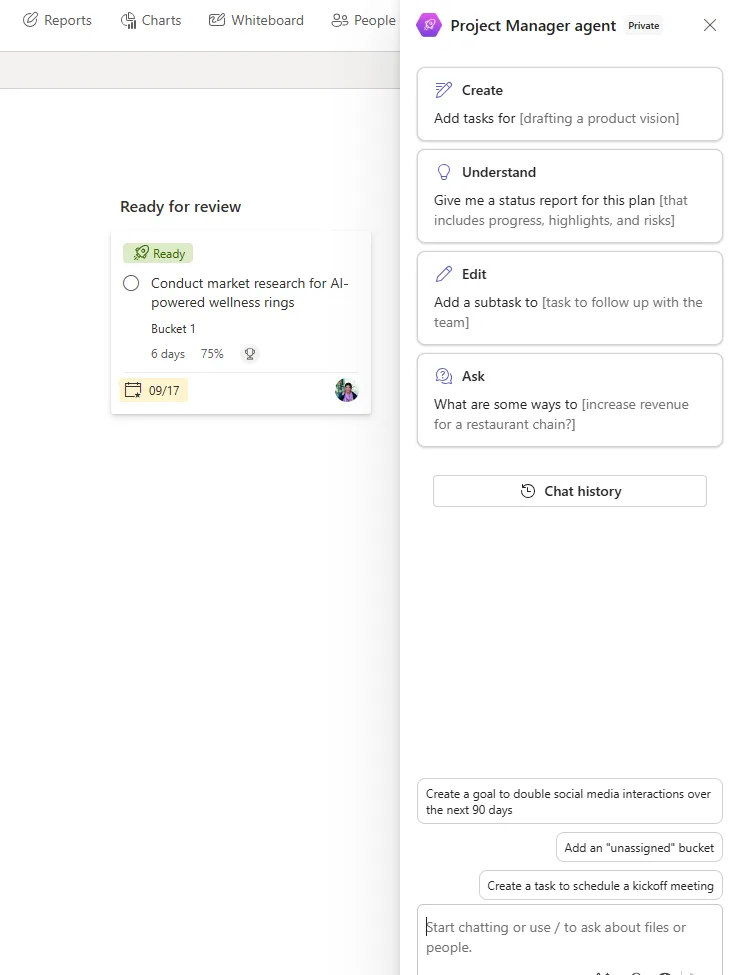 The Project Manager agent side panel, labelled Private, with prompt-starter cards for Create, Understand, Edit and Ask, a Chat history button, and suggestion chips like 'Create a goal to double social media interactions' and 'Create a task to schedule a kickoff meeting'.