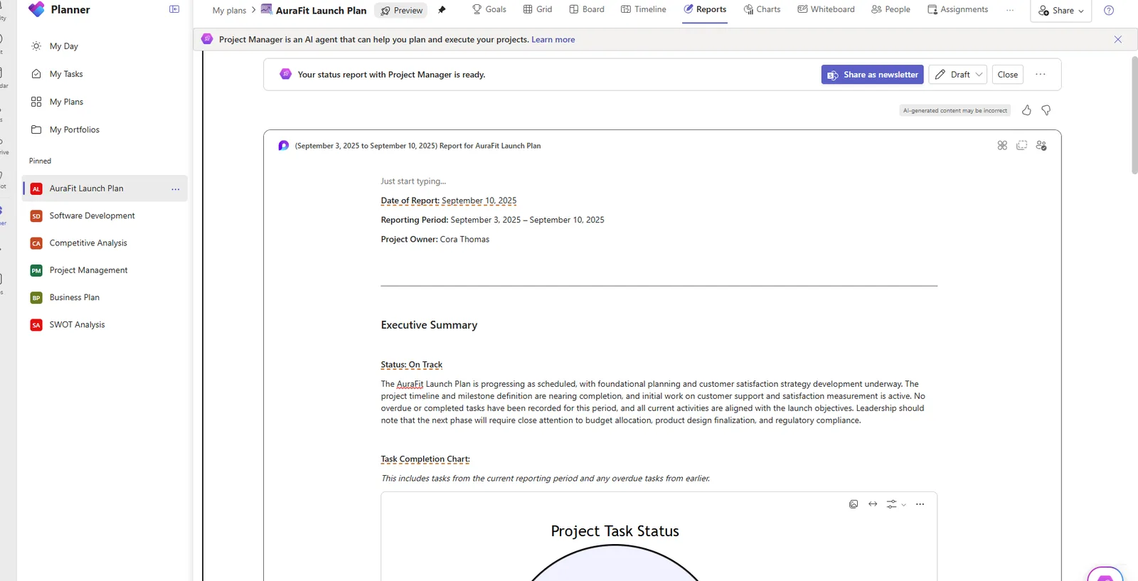 A generated status report in the Planner Reports tab, headed 'Your status report with Project Manager is ready', with Share as newsletter and Draft buttons, a reporting period, a project owner, an Executive Summary marked Status: On Track, and the start of a task-completion chart.
