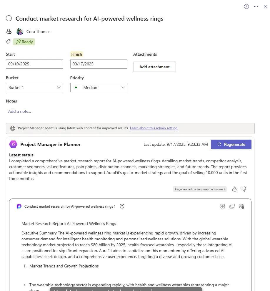 A Planner task 'Conduct market research for AI-powered wellness rings' open in detail, marked Ready, with a banner noting the Project Manager agent is using the latest web content, then a 'Project Manager in Planner — Latest status' section with a Regenerate button and the agent's generated market-research report embedded inside the task.