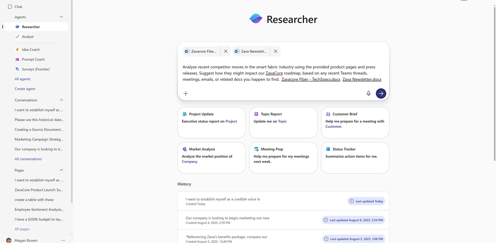 The Researcher prompt box with two work documents attached — Zavacore Fiber - TechSpecs.docx and Zava Newsletter.docx — above a detailed prompt asking it to analyse competitor moves in the smart fabric industry, with the six prompt-starter cards below.
