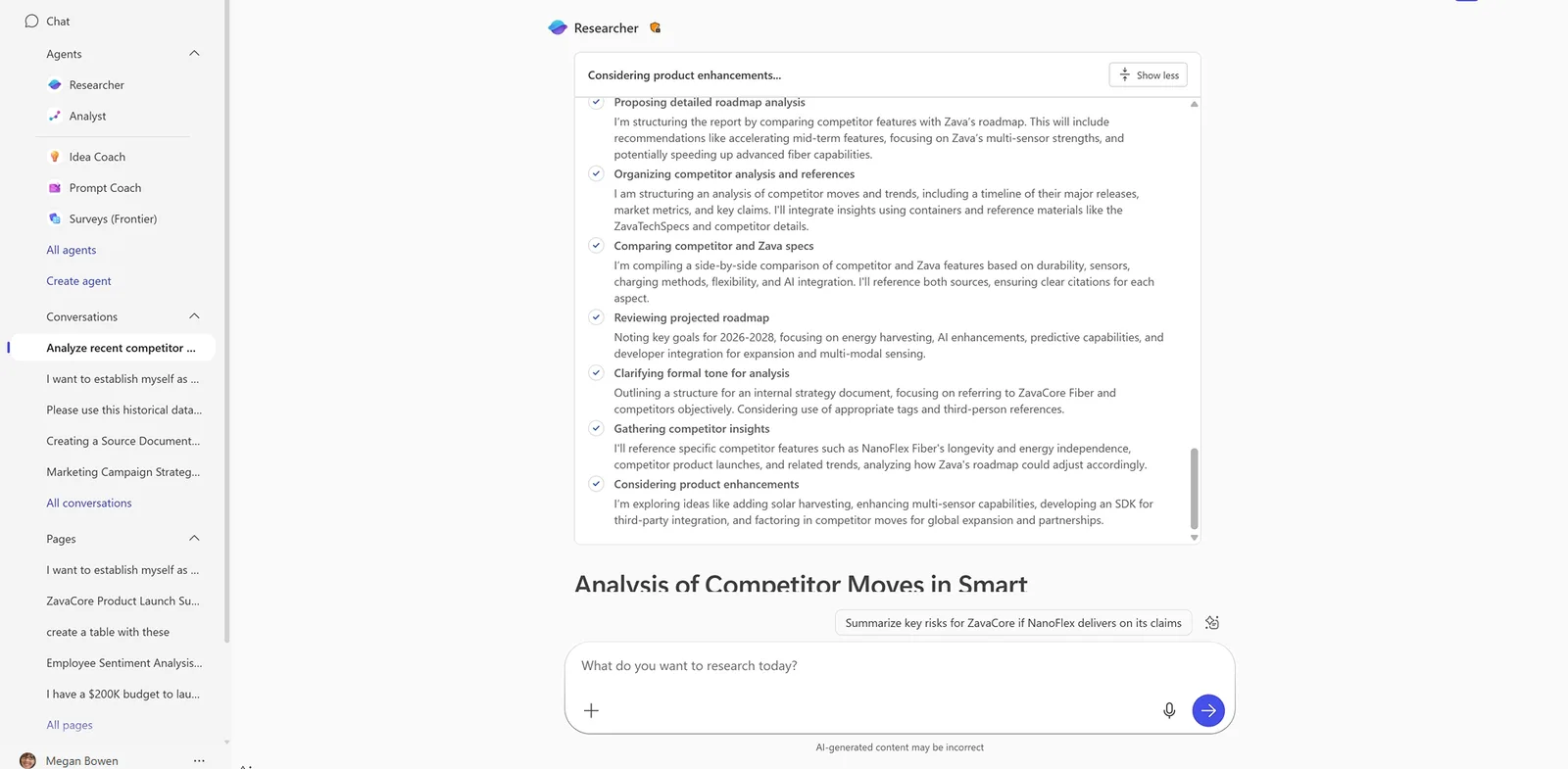 The Researcher agent showing its reasoning as a checklist of completed steps — proposing a roadmap analysis, organising competitor analysis and references, comparing competitor and Zava specs, reviewing the projected roadmap — followed by the start of a structured report headed 'Analysis of Competitor Moves in Smart...', with an 'AI-generated content may be incorrect' note.