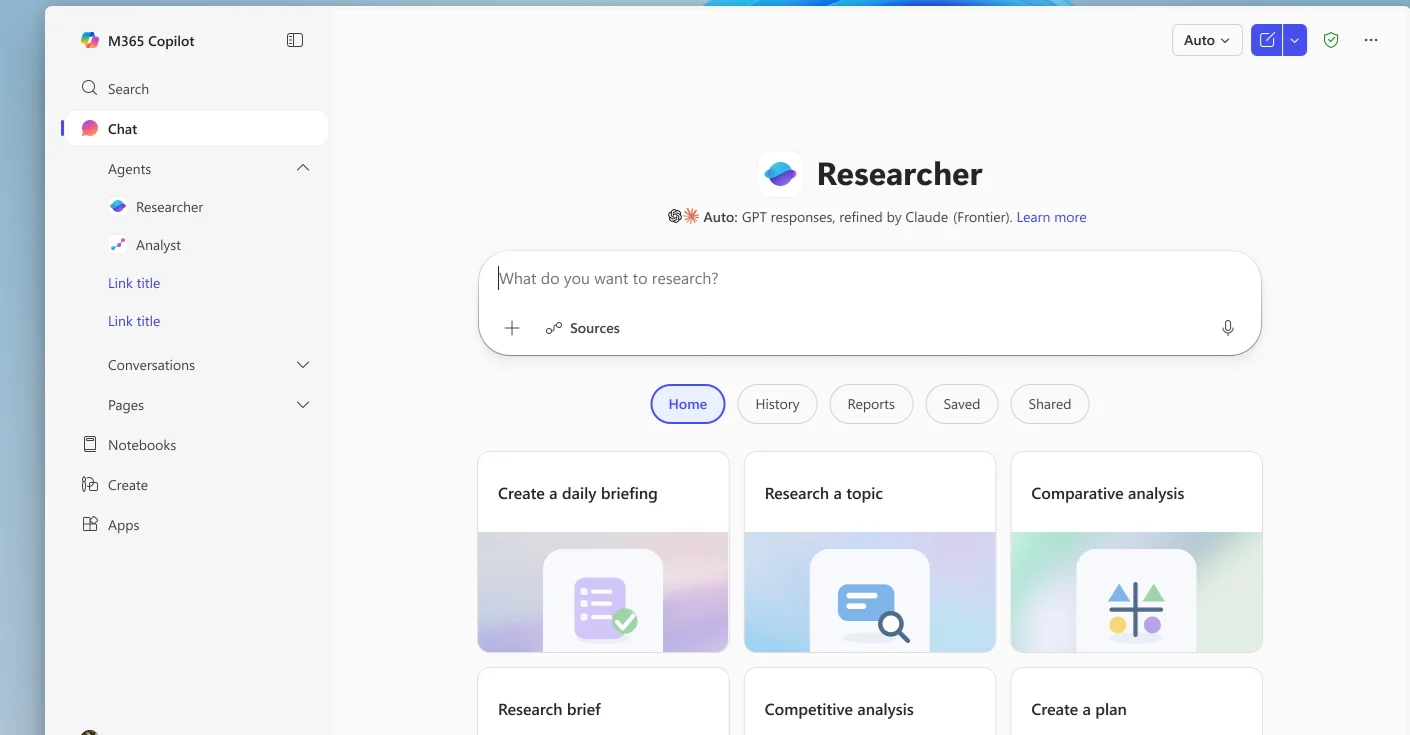 The Microsoft 365 Copilot app with the chat panel open. The left sidebar lists Chat and an Agents section containing Researcher and Analyst, plus Conversations, Pages, Notebooks, Create and Apps. The centre shows the Researcher agent with a prompt box reading What do you want to research and suggestion cards like Create a daily briefing, Research a topic and Comparative analysis.