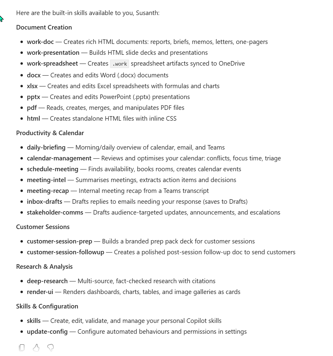 Cowork's response listing 21 skills grouped into five categories — Document Creation (work-doc, work-presentation, work-spreadsheet, docx, xlsx, pptx, pdf, html), Productivity and Calendar (daily-briefing, calendar-management, schedule-meeting, meeting-intel, meeting-recap, inbox-drafts, stakeholder-comms), Customer Sessions (customer-session-prep, customer-session-followup), Research and Analysis (deep-research, render-ui), and Skills and Configuration (skills, update-config).