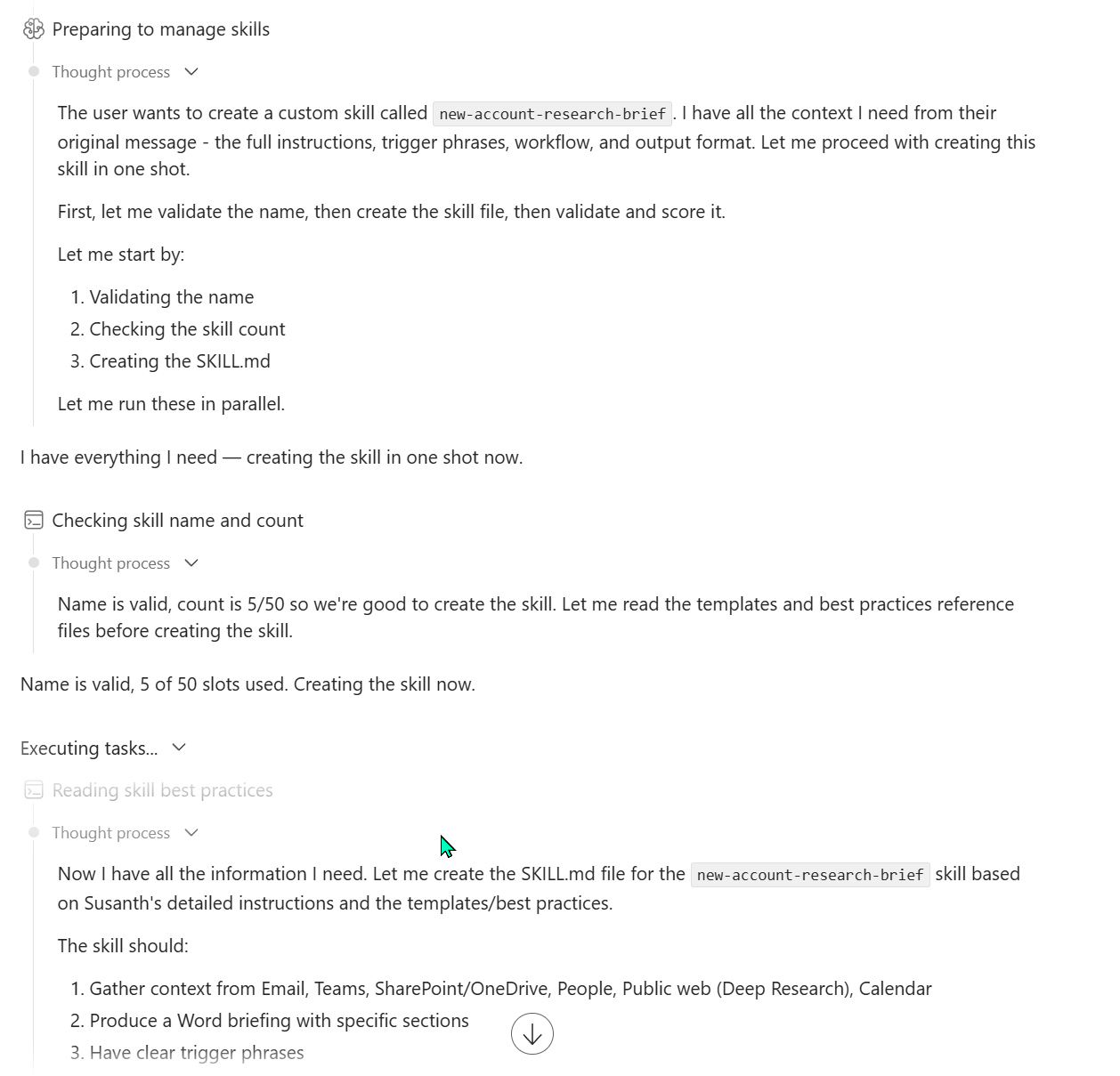 Cowork's expanded thought-process panel for the new-account-research-brief skill creation. Shows the same 5-step pipeline as before. Notes 'Name is valid, 5 of 50 slots used' (one more than the previous skill). Plans to integrate six data sources — Email, Teams, SharePoint/OneDrive, People, Public web via Deep Research, Calendar — produce a Word briefing with specific sections, and provide clear trigger phrases.