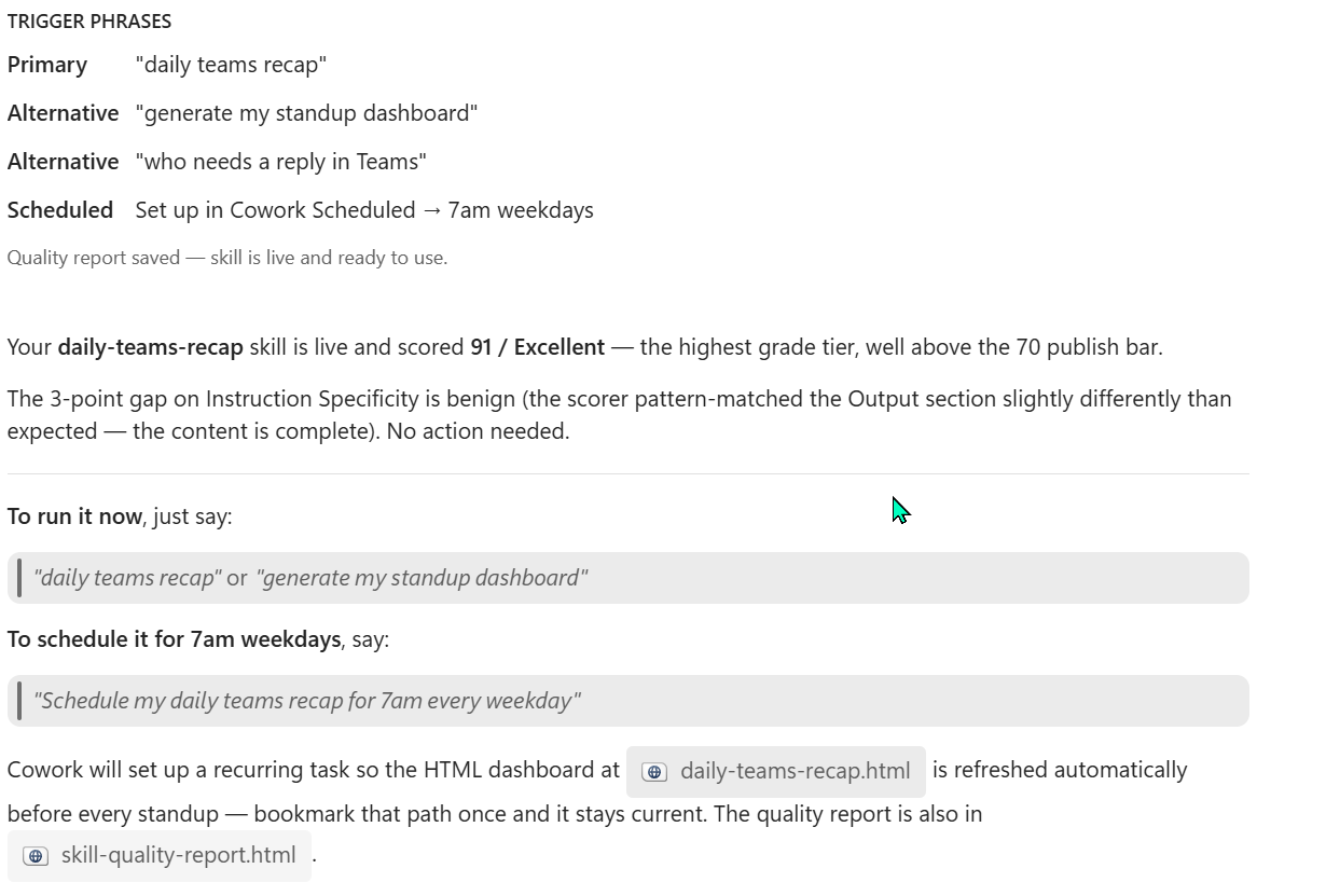 Cowork's trigger phrases section and explanatory narrative for daily-teams-recap. Trigger Phrases header followed by four rows — Primary daily teams recap, Alternative generate my standup dashboard, Alternative who needs a reply in Teams, Scheduled Set up in Cowork Scheduled at 7am weekdays. Below: Quality report saved — skill is live and ready to use. Then Cowork's narrative: Your daily-teams-recap skill is live and scored 91 of 100 Excellent — the highest grade tier, well above the 70 publish bar. The 3-point gap on Instruction Specificity is benign (the scorer pattern-matched the Output section slightly differently than expected — the content is complete). No action needed. Below: To run it now, just say daily teams recap or generate my standup dashboard. Then To schedule it for 7am weekdays, say Schedule my daily teams recap for 7am every weekday. Cowork will set up a recurring task so the HTML dashboard at daily-teams-recap.html is refreshed automatically before every standup — bookmark that path once and it stays current. The quality report is also in skill-quality-report.html.