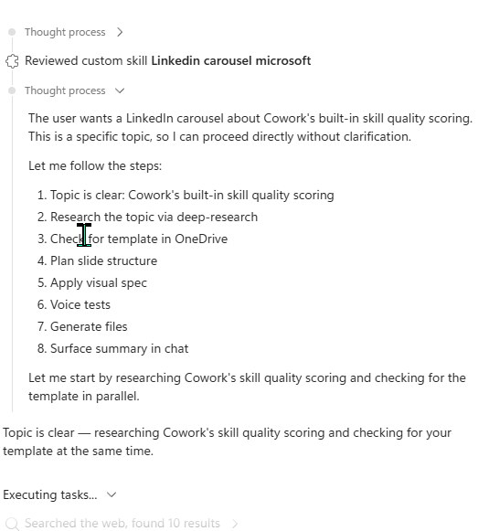 Cowork's thought process for the LinkedIn carousel. Top line reads 'Reviewed custom skill Linkedin carousel microsoft'. Below: 'The user wants a LinkedIn carousel about Cowork's built-in skill quality scoring. This is a specific topic, so I can proceed directly without clarification.' Then an eight-step plan — 1. Topic is clear: Cowork's built-in skill quality scoring, 2. Research the topic via deep-research, 3. Check for template in OneDrive, 4. Plan slide structure, 5. Apply visual spec, 6. Voice tests, 7. Generate files, 8. Surface summary in chat. A status line reads 'Searched the web, found 10 results.'