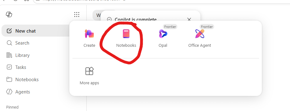 Microsoft 365 Copilot app launcher waffle menu open showing four tiles in the top row — Create with a pink-purple gradient icon, Notebooks with a pink book icon circled in red as the destination, Opal in blue with a Frontier badge, and Office Agent in orange-purple with a Frontier badge. Below them a single More apps tile. The Microsoft 365 Copilot left navigation rail is visible behind the menu showing New chat, Search, Library, Tasks, Notebooks, Agents sections plus a Pinned label at the bottom.