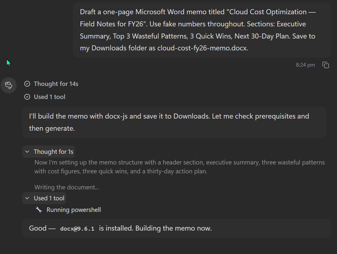 Microsoft Scout's chat panel in dark mode. A user prompt at the top reads 'Draft a one-page Microsoft Word memo titled Cloud Cost Optimization — Field Notes for FY26'. Scout's expanded chain-of-thought shows 'Thought for 14s' and the model deciding 'I'll build the memo with docx-js and save it to Downloads. Let me check prerequisites and then generate.' A 'Used 1 tool' line is followed by a second thought 'Now I'm setting up the memo structure' and 'Used 1 tool · Running powershell' with the reply 'Good — docx@9.6.1 is installed. Building the memo now.'