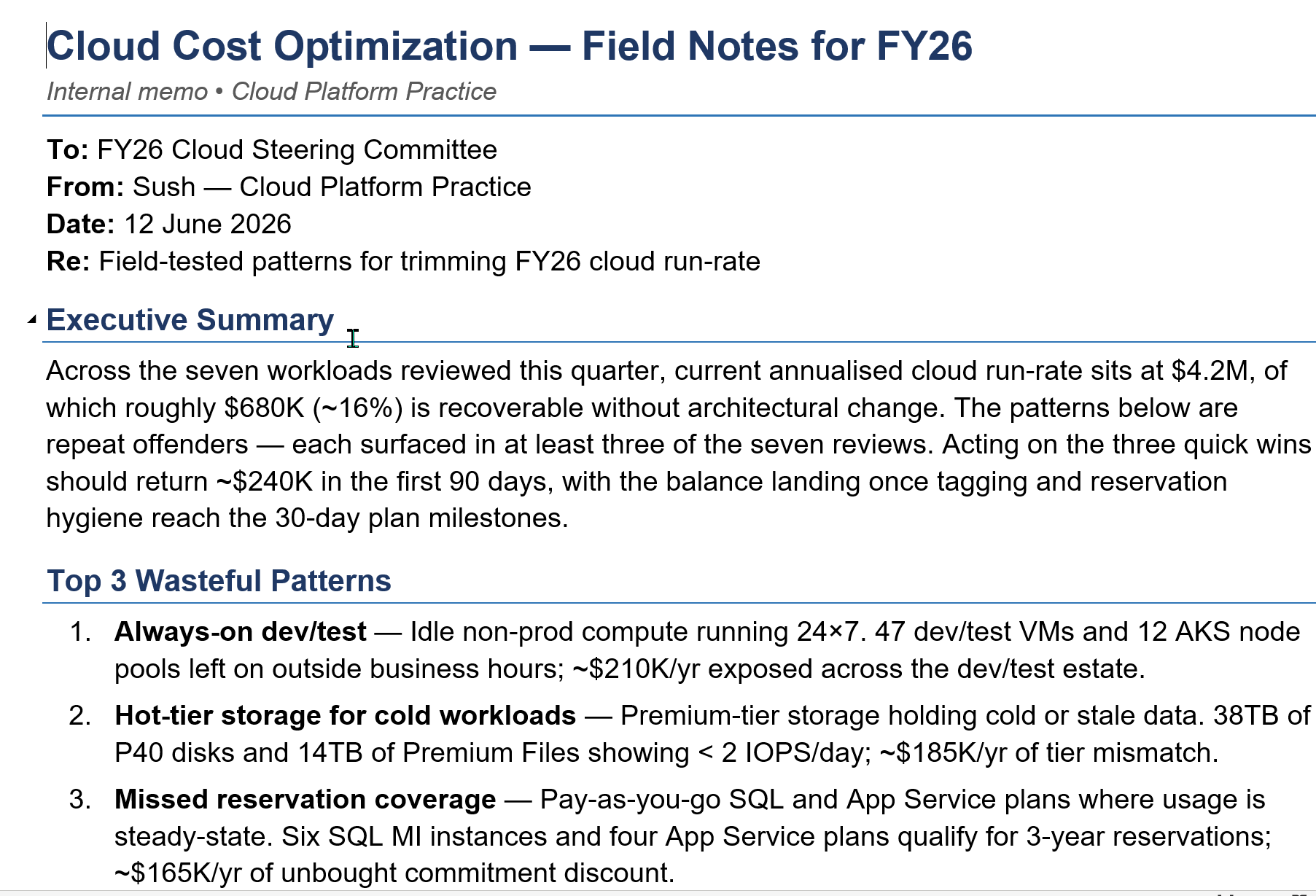 The generated Microsoft Word document opened, showing a fully formatted memo. Title in navy serif 'Cloud Cost Optimization — Field Notes for FY26', subtitle 'Internal memo • Cloud Platform Practice', header rows for To (FY26 Cloud Steering Committee), From (Sush — Cloud Platform Practice), Date (12 June 2026), and Re (Field-tested patterns for trimming FY26 cloud run-rate). The Executive Summary references illustrative figures 4.2M run-rate, 680K recoverable, 240K in 90 days. Top 3 Wasteful Patterns numbered list visible: Always-on dev/test 210K per year, Hot-tier storage for cold workloads 185K per year, Missed reservation coverage 165K per year.