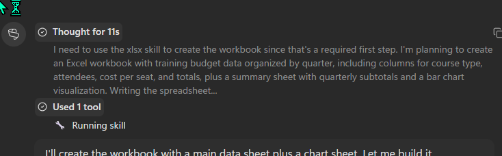 Microsoft Scout's chain-of-thought panel showing Scout deciding 'I need to use the xlsx skill to create the workbook since that's a required first step. I'm planning to create an Excel workbook with training budget data organized by quarter, including columns for course type, attendees, cost per seat, and totals, plus a summary sheet with quarterly subtotals and a bar chart visualization.' A 'Used 1 tool · Running skill' line is shown below.