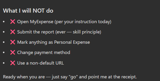 A 'What I will NOT do' bold heading followed by a 5-bullet red-X list: Open MyExpense per your instruction today, Submit the report (ever — skill principle), Mark anything as Personal Expense, Change payment method, Use a non-default URL. The closing line reads 'Ready when you are — just say go and point me at the receipt.'