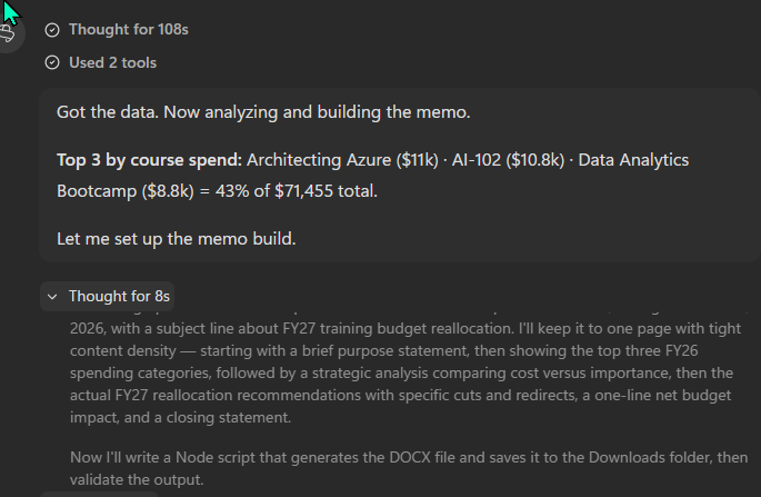 Microsoft Scout's mid-chain response showing 'Thought for 108s' and 'Used 2 tools'. Scout reports 'Got the data. Now analyzing and building the memo.' The key finding is highlighted: 'Top 3 by course spend: Architecting Azure (11k) · AI-102 (10.8k) · Data Analytics Bootcamp (8.8k) = 43% of 71,455 total.' Then 'Let me set up the memo build.' Below another thought 'Thought for 8s' with reasoning about memo structure and 'Now I'll write a Node script that generates the DOCX file and saves it to the Downloads folder, then validate the output.'
