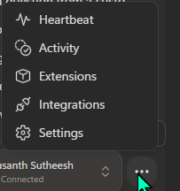 A small popover menu in Scout, anchored to the three-dot ellipsis icon at the bottom-right of the window. The menu shows five entries from top to bottom: Heartbeat, Activity, Extensions, Integrations, Settings. The user pill 'Susanth Sutheesh · Connected' is visible below the popover.