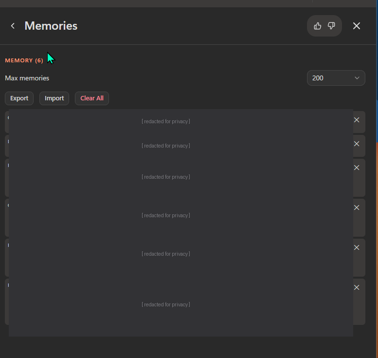 Scout Memories panel with full controls — Max memories 200 dropdown, Export, Import, Clear All buttons, and 6 stored entries (content redacted for privacy)