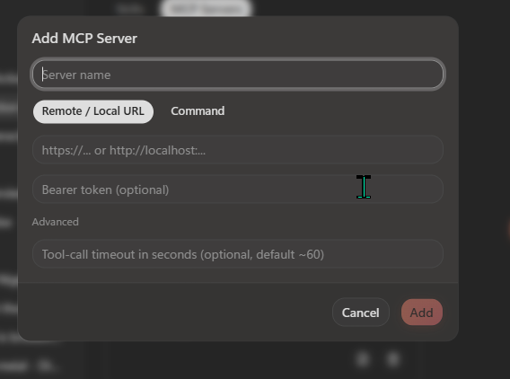 Scout's 'Add MCP Server' modal dialog. A 'Server name' text field at the top is empty. Two type-tabs follow: 'Remote / Local URL' (selected, with a URL field showing the placeholder 'https://... or http://localhost:...' and a 'Bearer token (optional)' field) and 'Command' (unselected). An 'Advanced' section reveals a 'Tool-call timeout in seconds (optional, default ~60)' field. Cancel and Add buttons sit at the bottom right.
